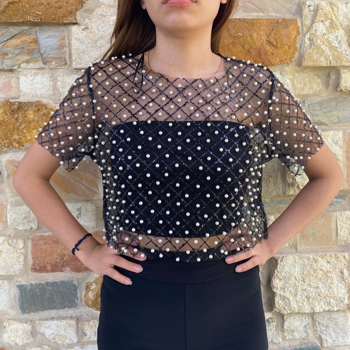 Blusa Transparente con Perlas